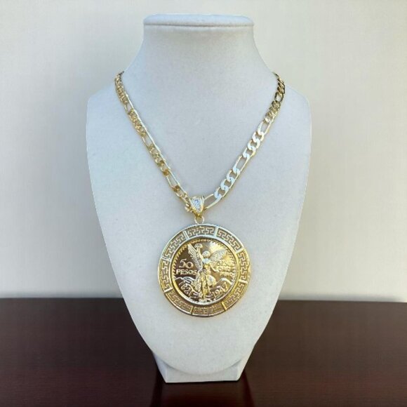 14K Gold Plated Mexican Centenario 50 CZ Pendant with Figaro Link Chain 18" 6mm - Picture 1 of 2